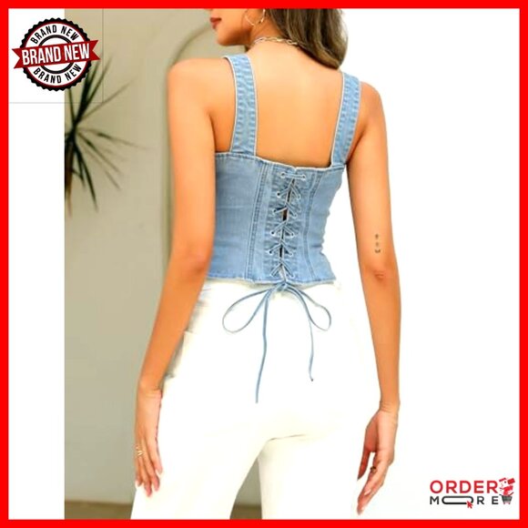 Denim Corset Top Square Neck Back Tie Spaghetti Strap Crop Vest Y2K Chic - Picture 6 of 7
